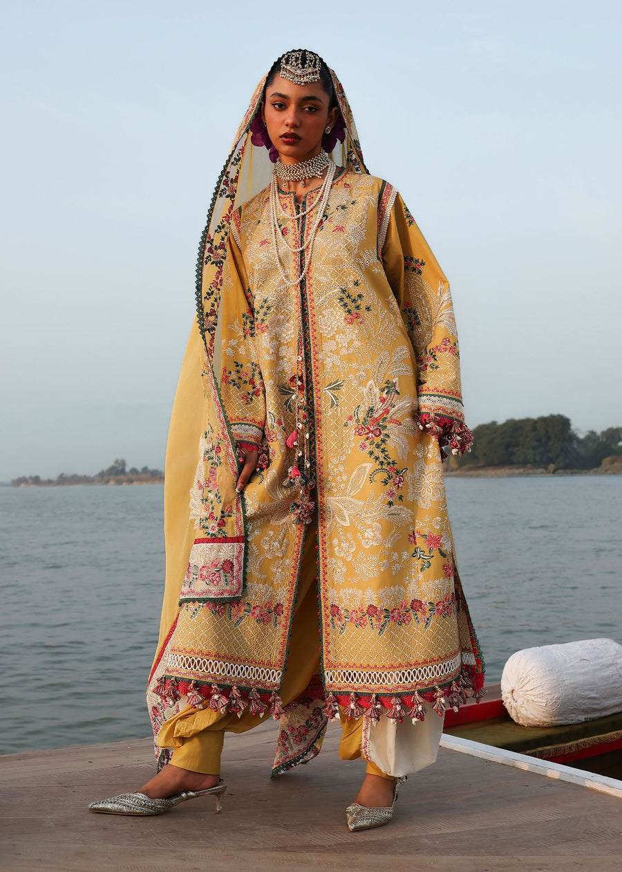 Hussain Rehar Kalabagh Unstitched Embroidered Lawn 3Pc Suit - Ochre