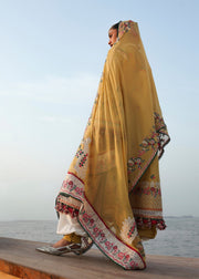 Hussain Rehar Kalabagh Unstitched Embroidered Lawn 3Pc Suit - Ochre