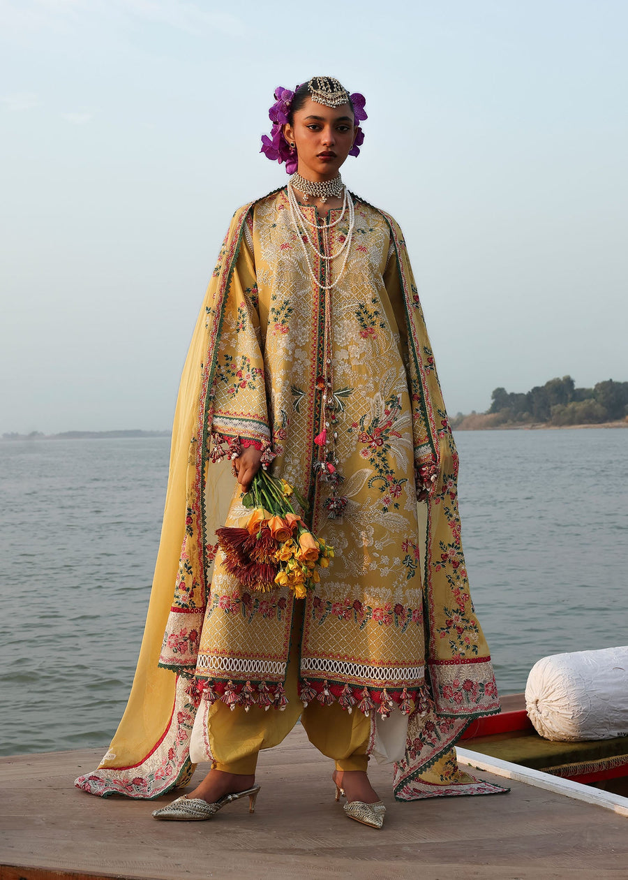 Hussain Rehar Kalabagh Unstitched Embroidered Lawn 3Pc Suit - Ochre
