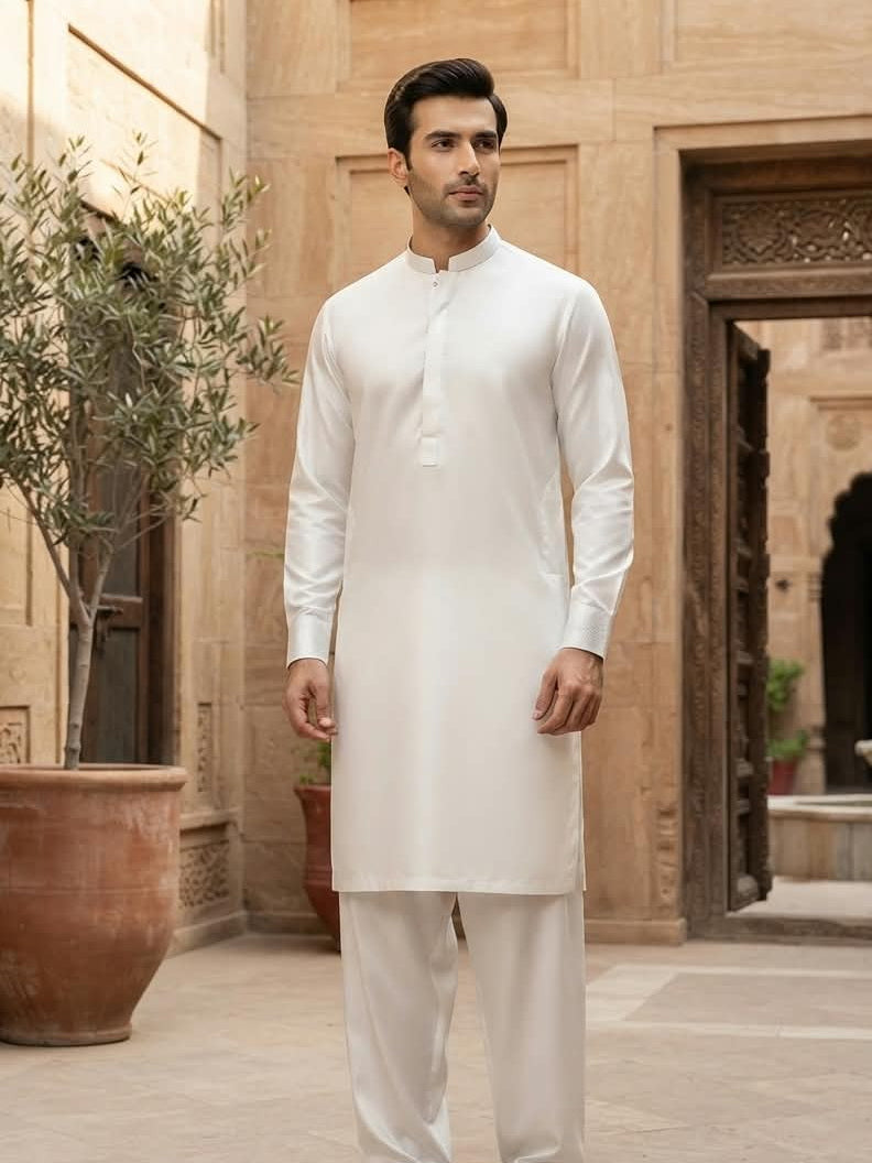 Farooq Textile Men's Cotton Latha Unstitched Shalwar Kameez Suit CLR26-Off White
