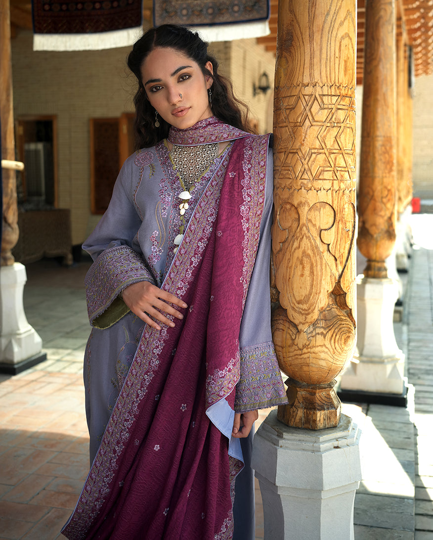 Hemline by Mushq Bukhara Embroidered Crepe Unstitched 3Pc Suit - Old City Bloom