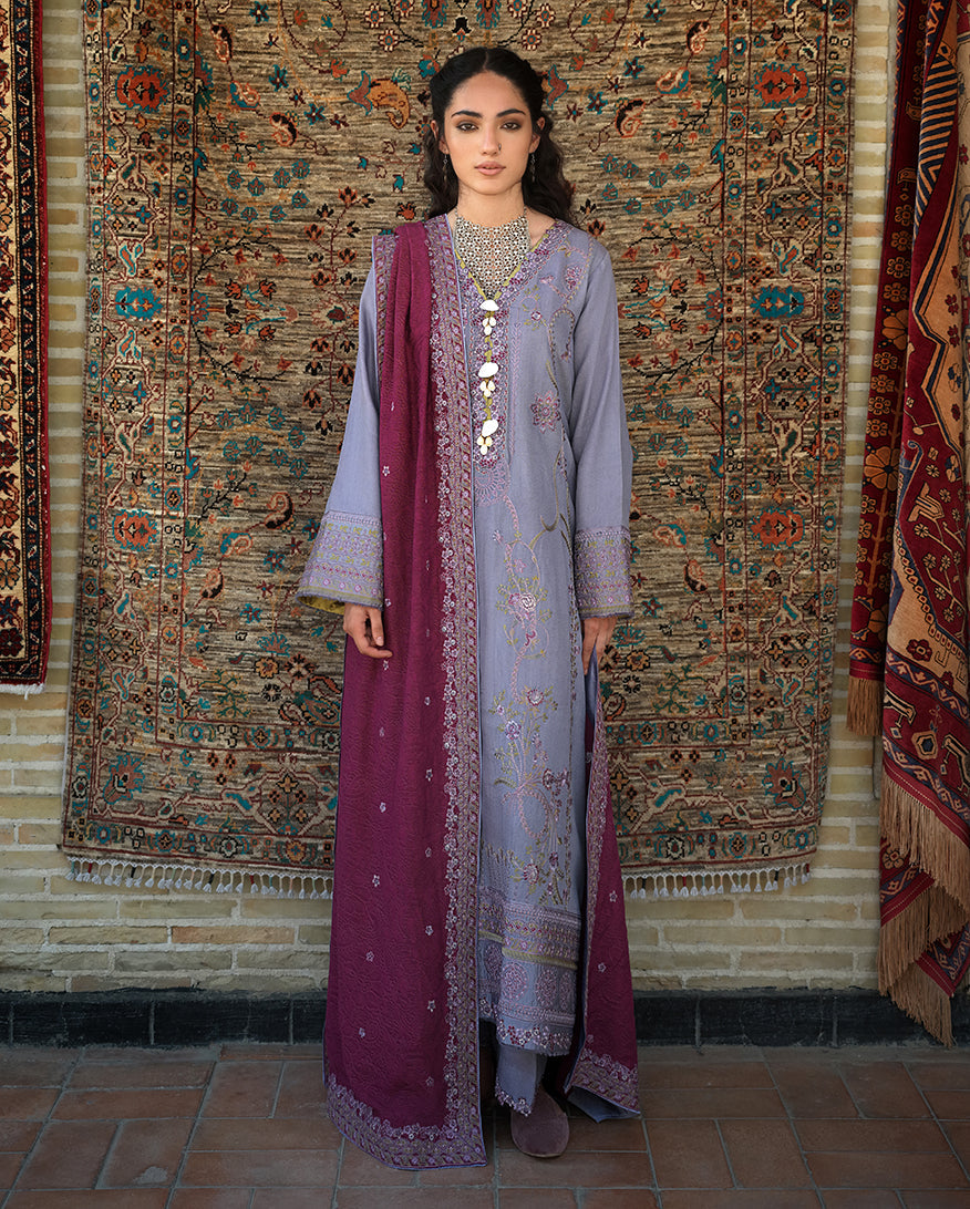 Hemline by Mushq Bukhara Embroidered Crepe Unstitched 3Pc Suit - Old City Bloom