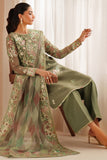 Farasha Luxury Embroidered Chiffon Unstitched 3Pc Suit - Olive Dazzle