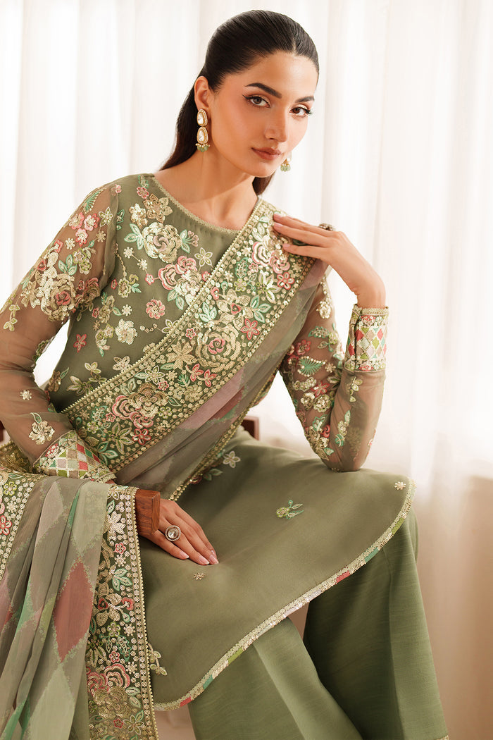 Farasha Luxury Embroidered Chiffon Unstitched 3Pc Suit - Olive Dazzle