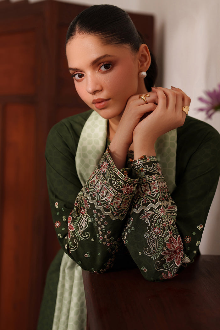 Farasha Meline Embroidered Viscose Unstitched 3Pc Suit - Olive Drape
