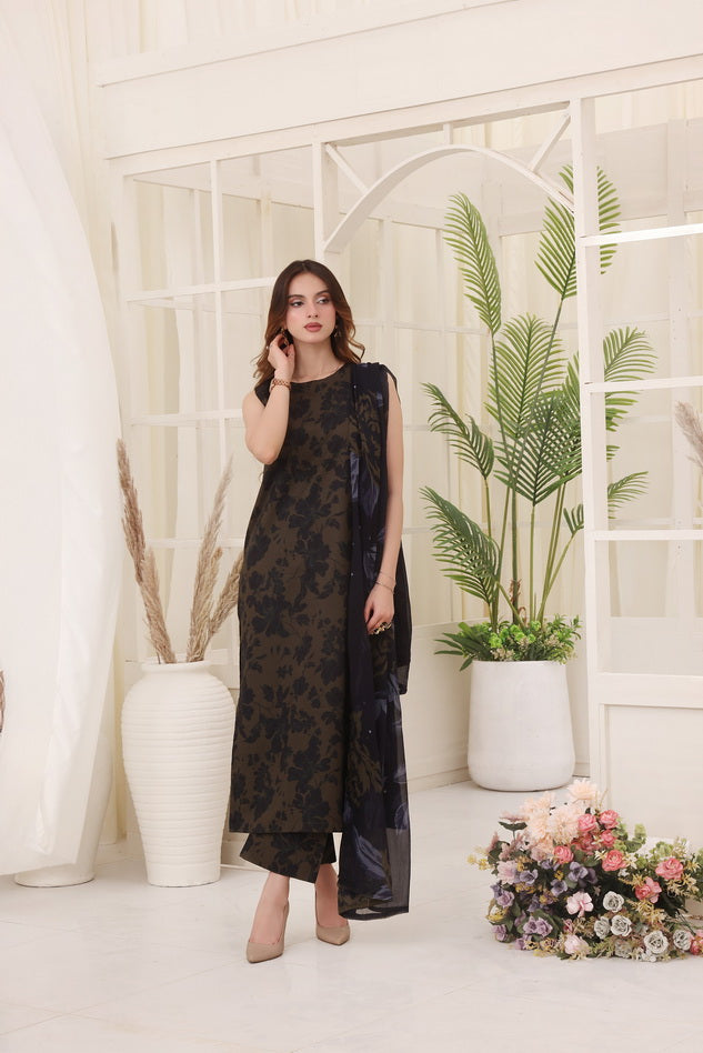 Feathers Premium Whisper of Elan Unstitched Lawn 3Pc Suit Olive Ode-FT673
