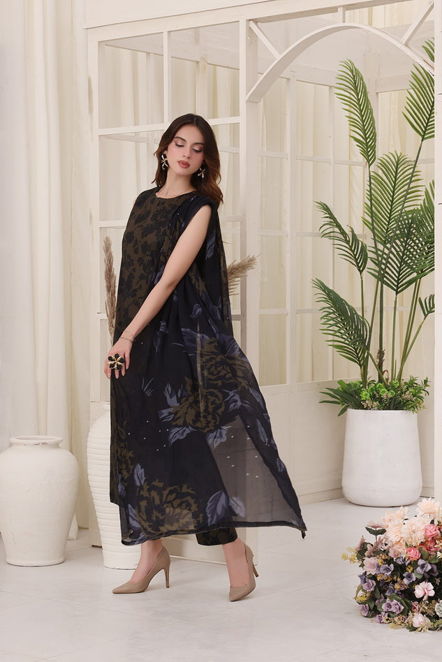Feathers Premium Whisper of Elan Unstitched Lawn 3Pc Suit Olive Ode-FT673