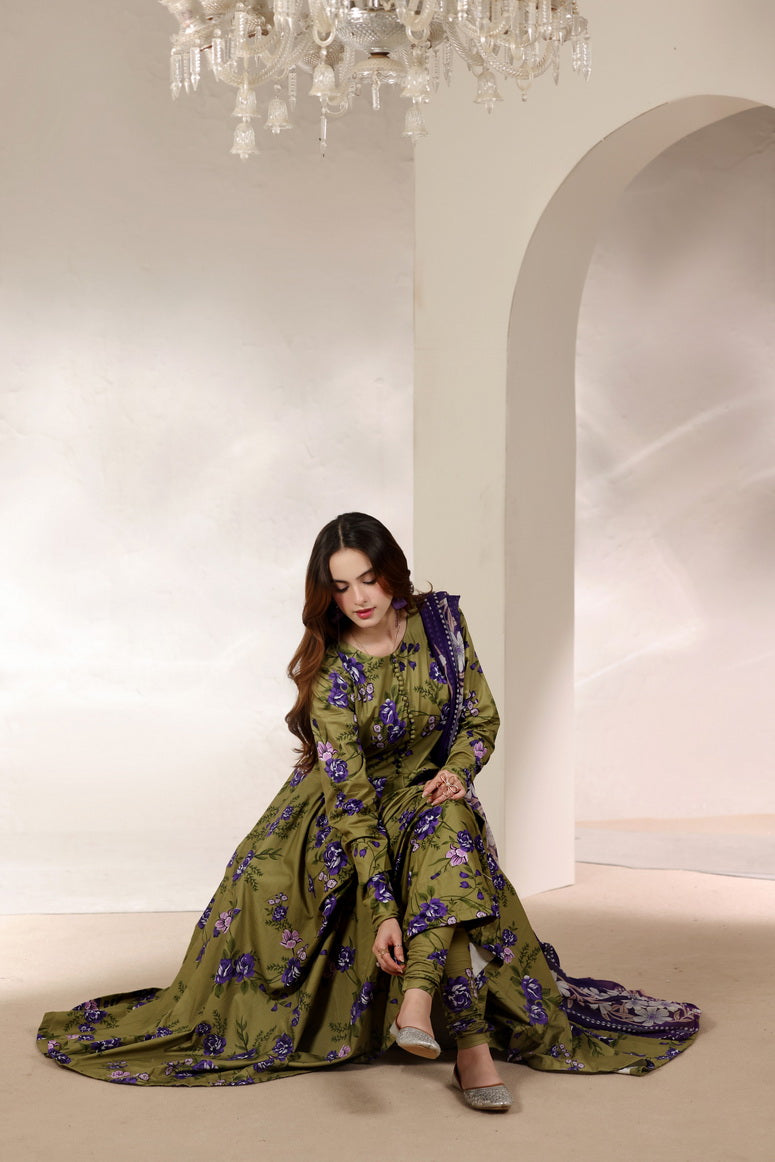 Feathers Premium Printed Lawn Unstitched 3Pc Suit Olive Orchard-FT646