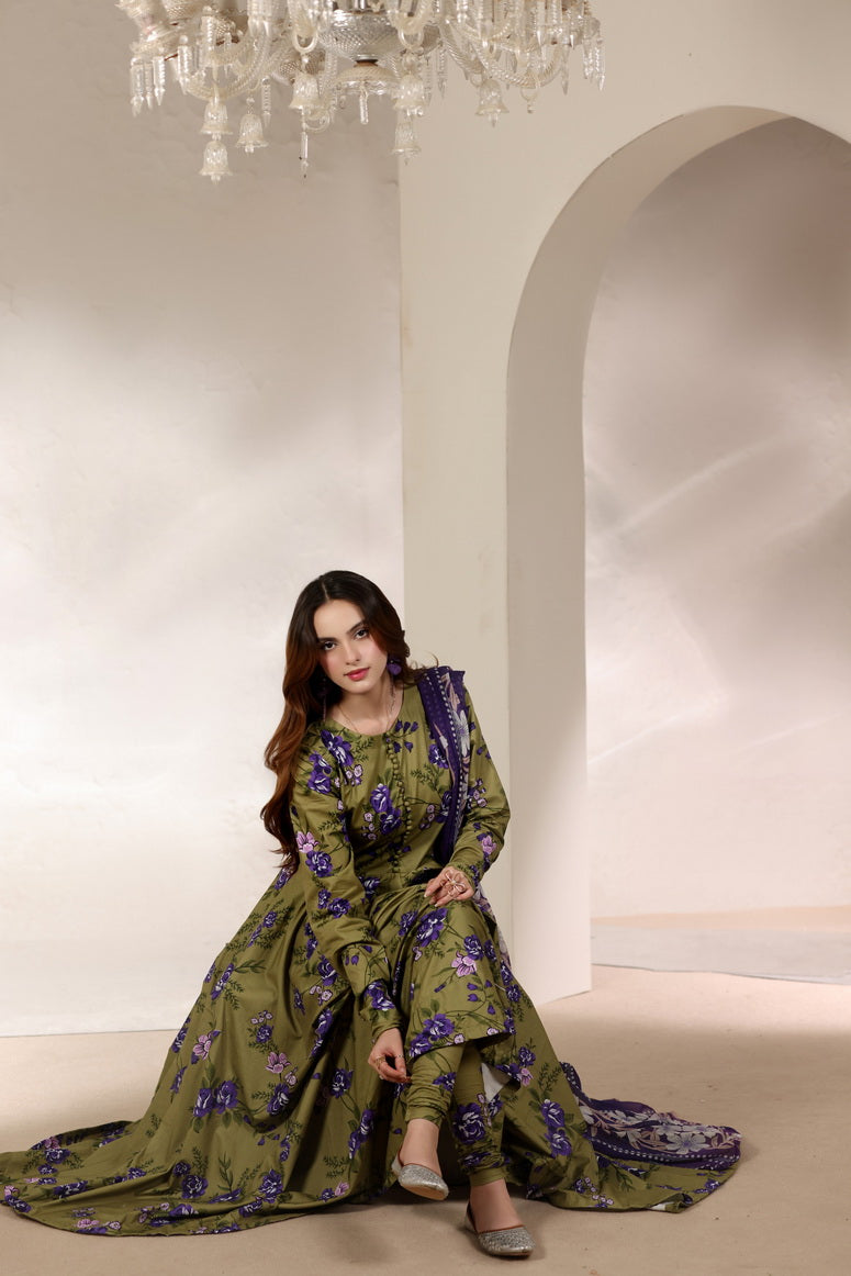 Feathers Premium Printed Lawn Unstitched 3Pc Suit Olive Orchard-FT646