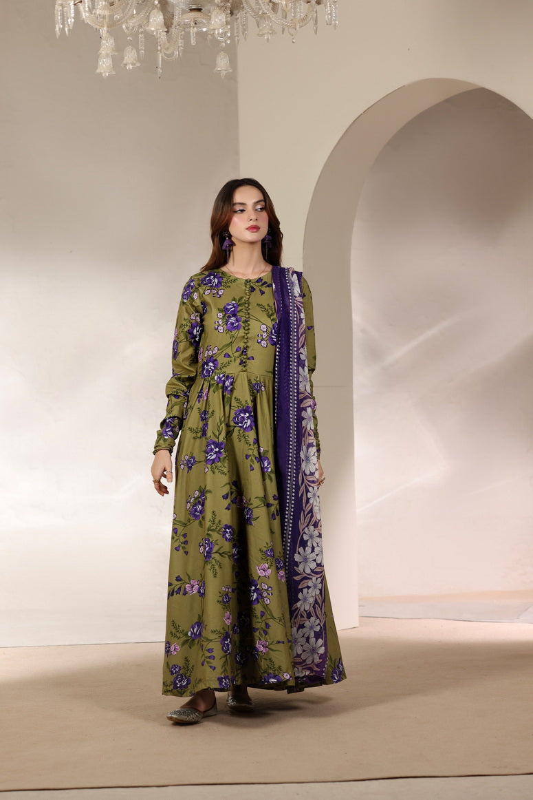 Feathers Premium Printed Lawn Unstitched 3Pc Suit Olive Orchard-FT646