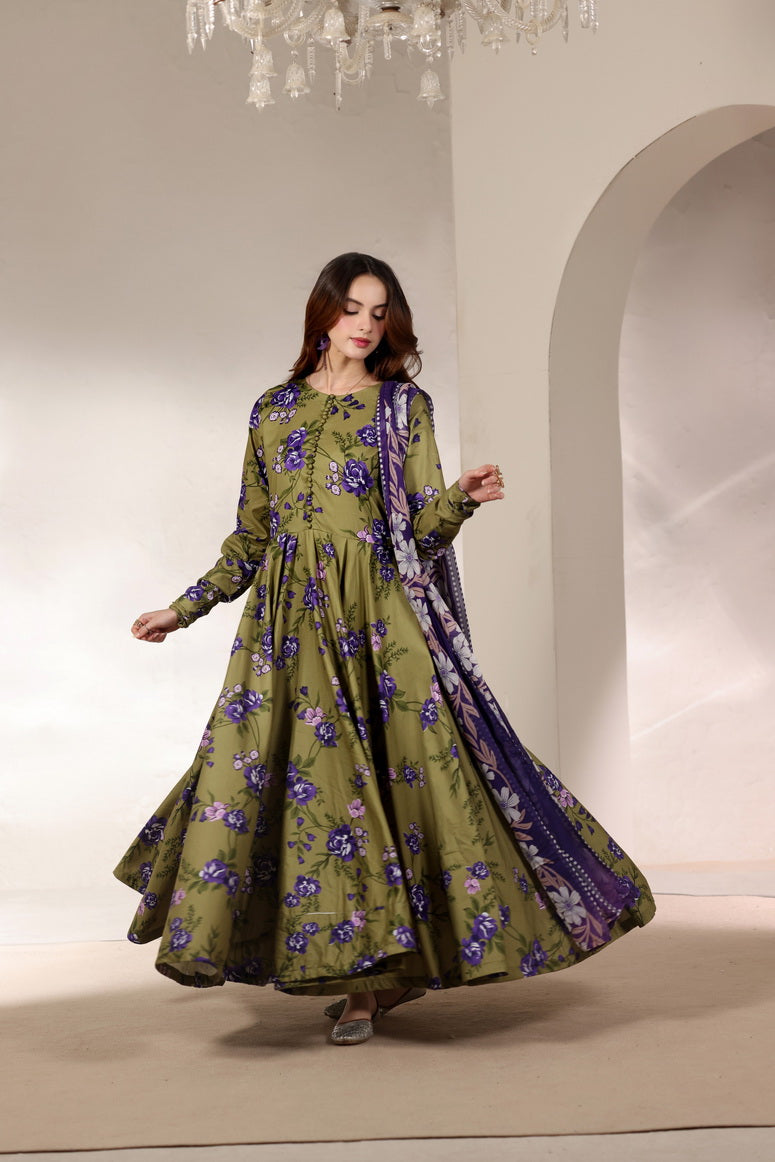 Feathers Premium Printed Lawn Unstitched 3Pc Suit Olive Orchard-FT646