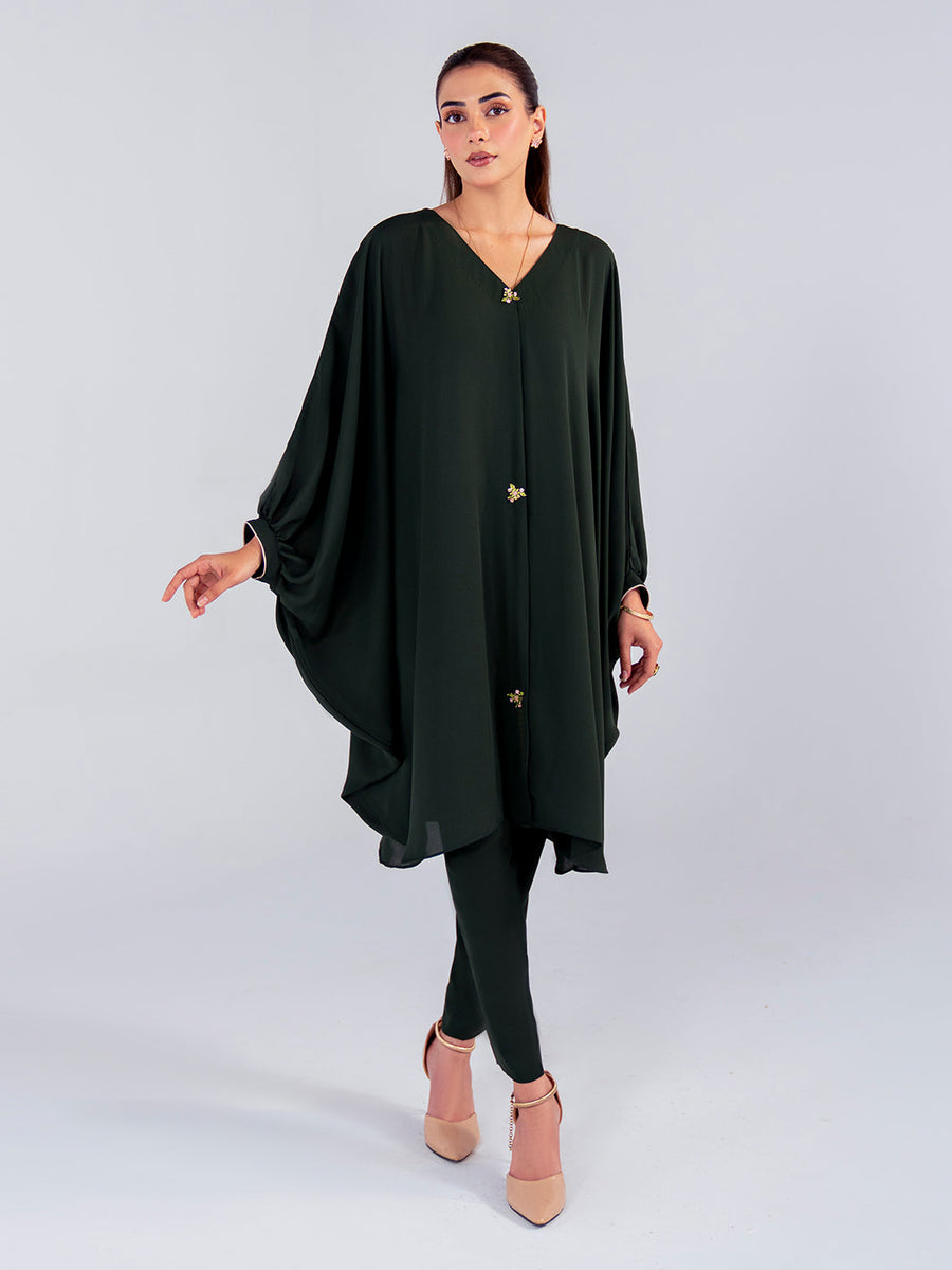 Hemstitch Georgette Affair Embroidered Georgette Stitched 2Pc Suit - Olive