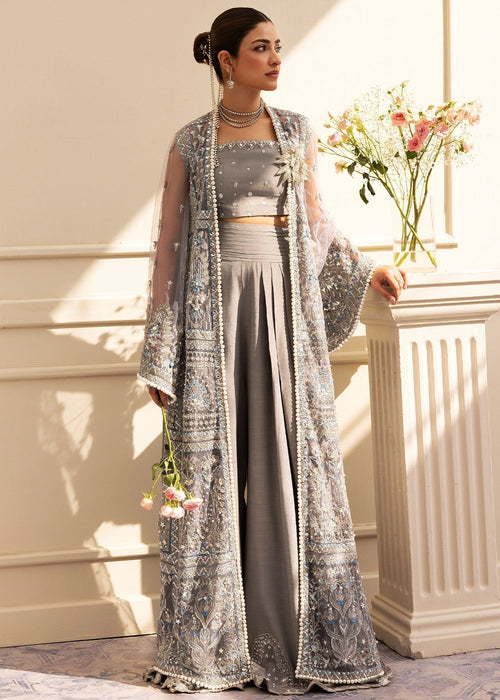Sadaf Fawad Khan Siraa Embroidered Net Unstitched 3Pc Suit - Overcast Whisper