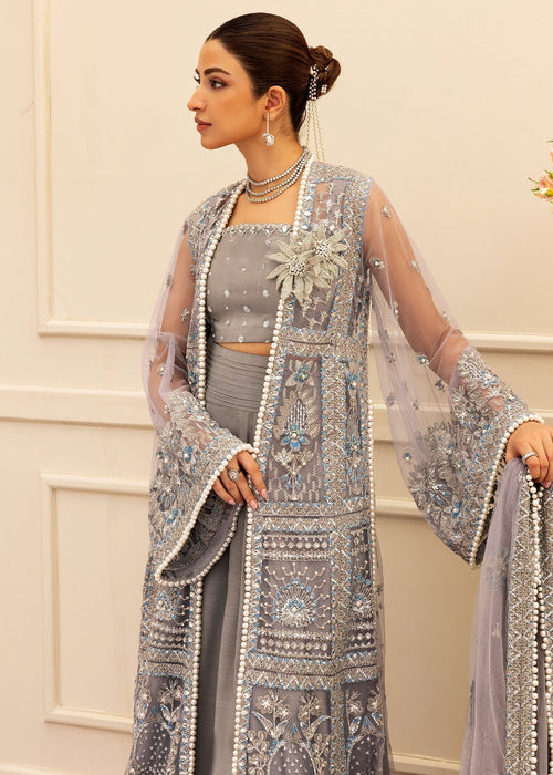 Sadaf Fawad Khan Siraa Embroidered Net Unstitched 3Pc Suit - Overcast Whisper
