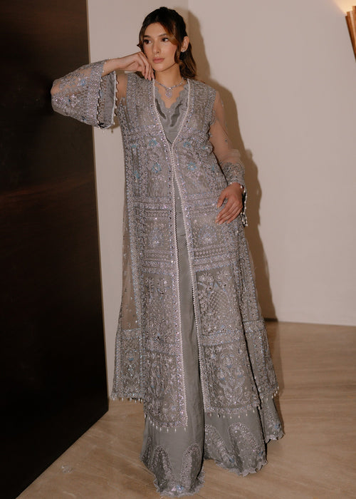 Sadaf Fawad Khan Siraa Embroidered Net Unstitched 3Pc Suit - Overcast Whisper