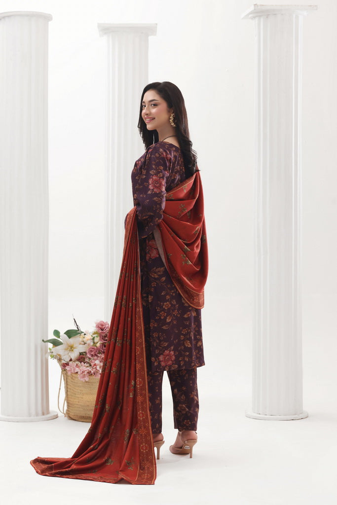 Feathers Digital Printed Dhanak Unstitched 3Pc Suit Oxblood Outback-FT797