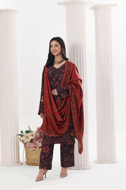 Feathers Digital Printed Dhanak Unstitched 3Pc Suit Oxblood Outback-FT797