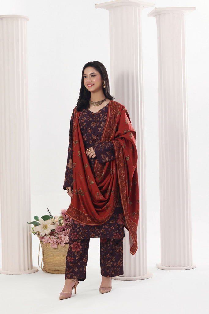 Feathers Digital Printed Dhanak Unstitched 3Pc Suit Oxblood Outback-FT797