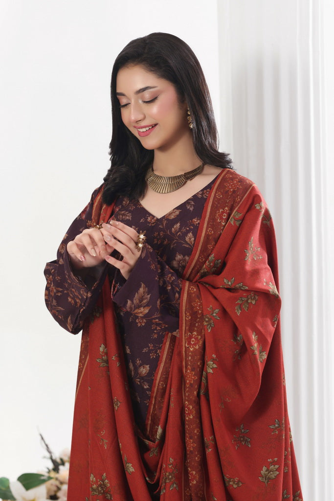 Feathers Digital Printed Dhanak Unstitched 3Pc Suit Oxblood Outback-FT797