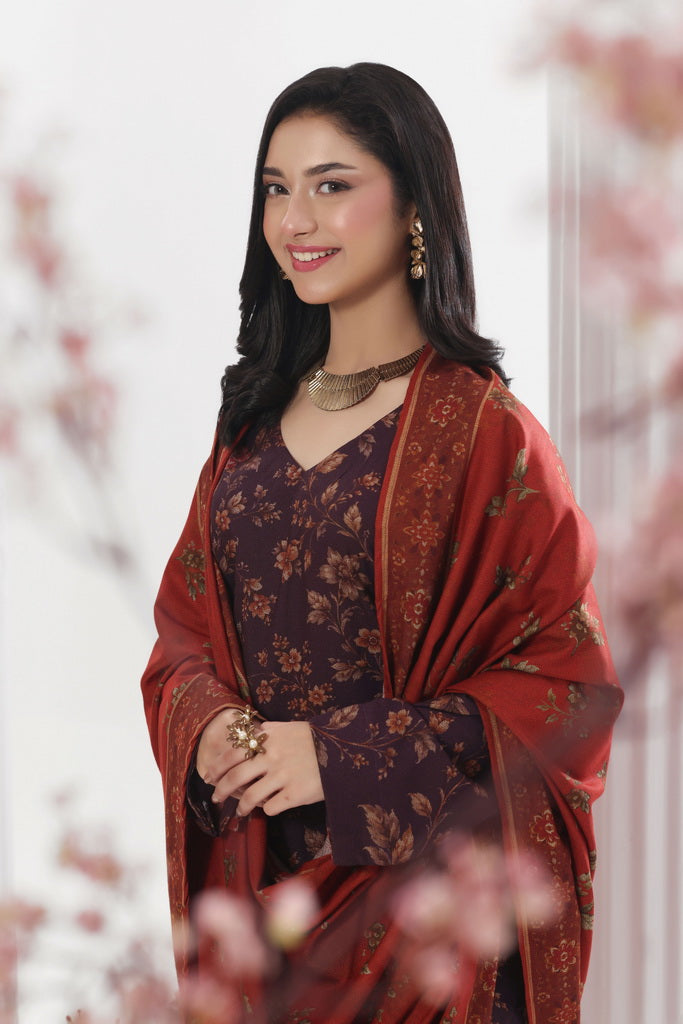Feathers Digital Printed Dhanak Unstitched 3Pc Suit Oxblood Outback-FT797