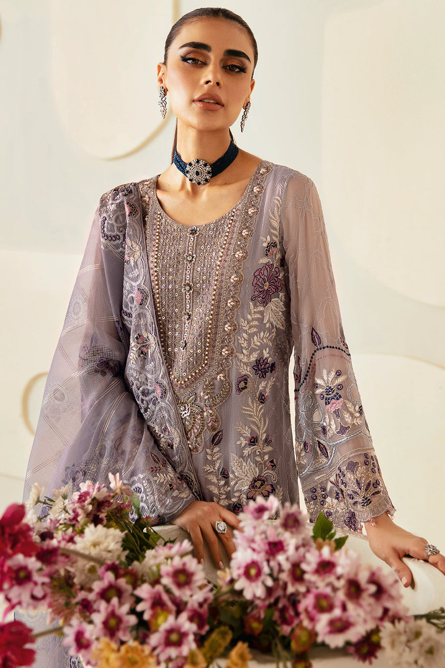 Ramsha Dastoor Embroidered Chiffon Unstitched 3Pc Suit P-108