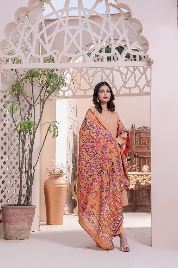 Feathers Digital Printed Khaddar Unstitched 3Pc Suit PEACH GARNET-FT150