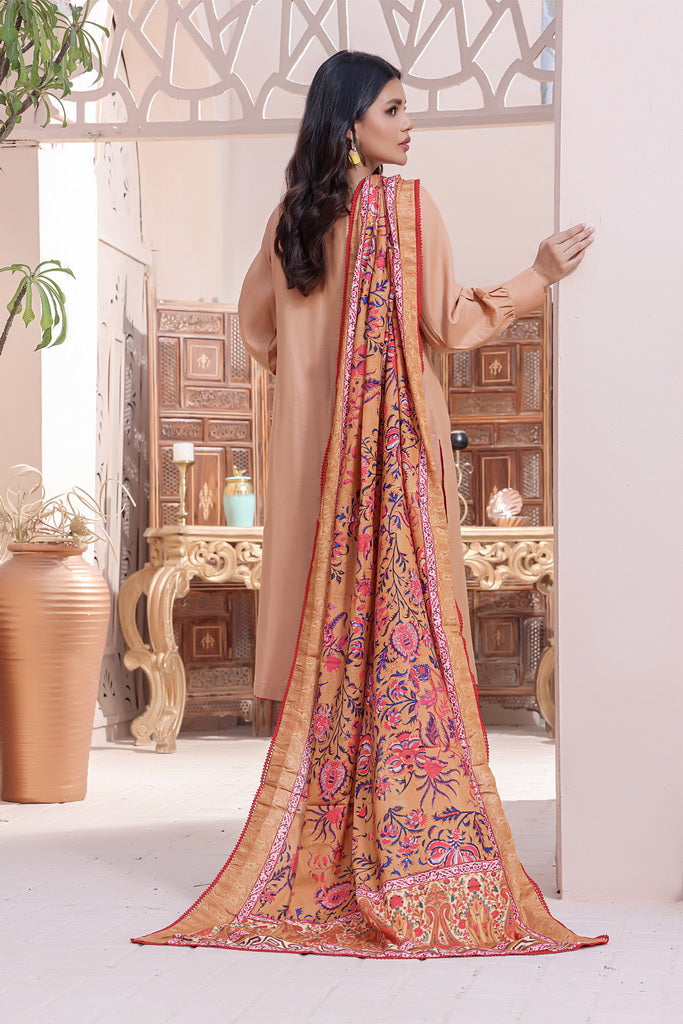 Feathers Digital Printed Khaddar Unstitched 3Pc Suit PEACH GARNET-FT150