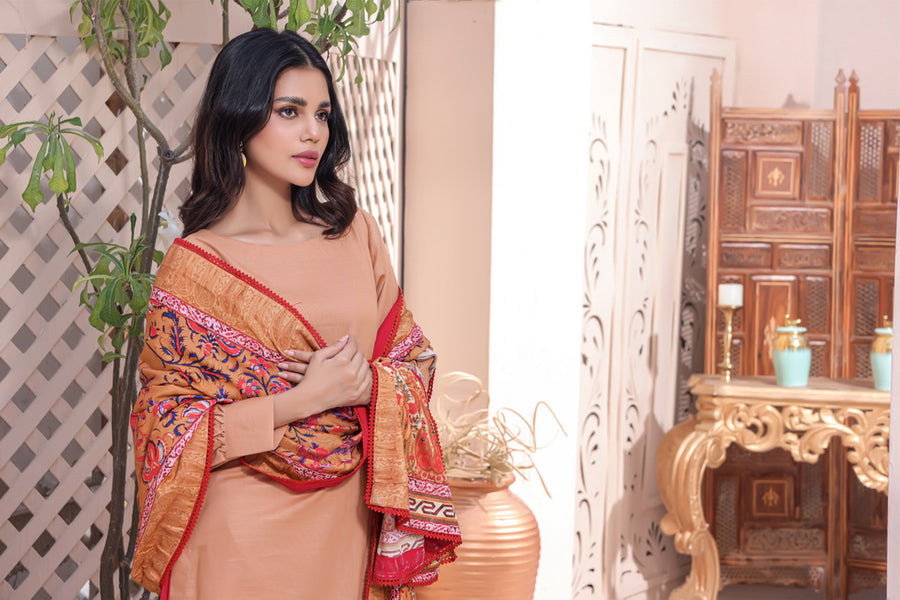 Feathers Digital Printed Khaddar Unstitched 3Pc Suit PEACH GARNET-FT150