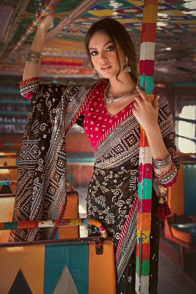 Gul Ahmed Chunri Embroidered Raw Silk Unstitched Saree PRS-42002