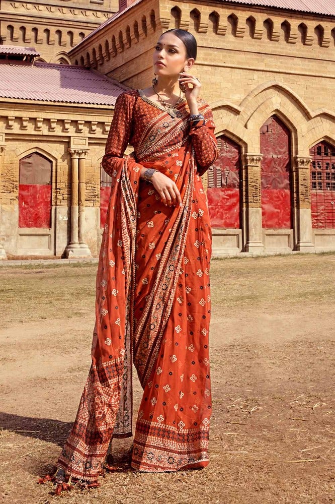 Gul Ahmed Chunri Embroidered Raw Silk Unstitched Saree PRS-42003
