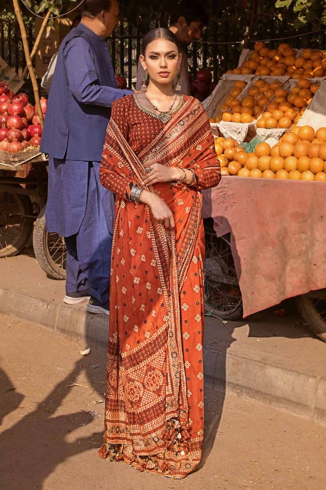 Gul Ahmed Chunri Embroidered Raw Silk Unstitched Saree PRS-42003