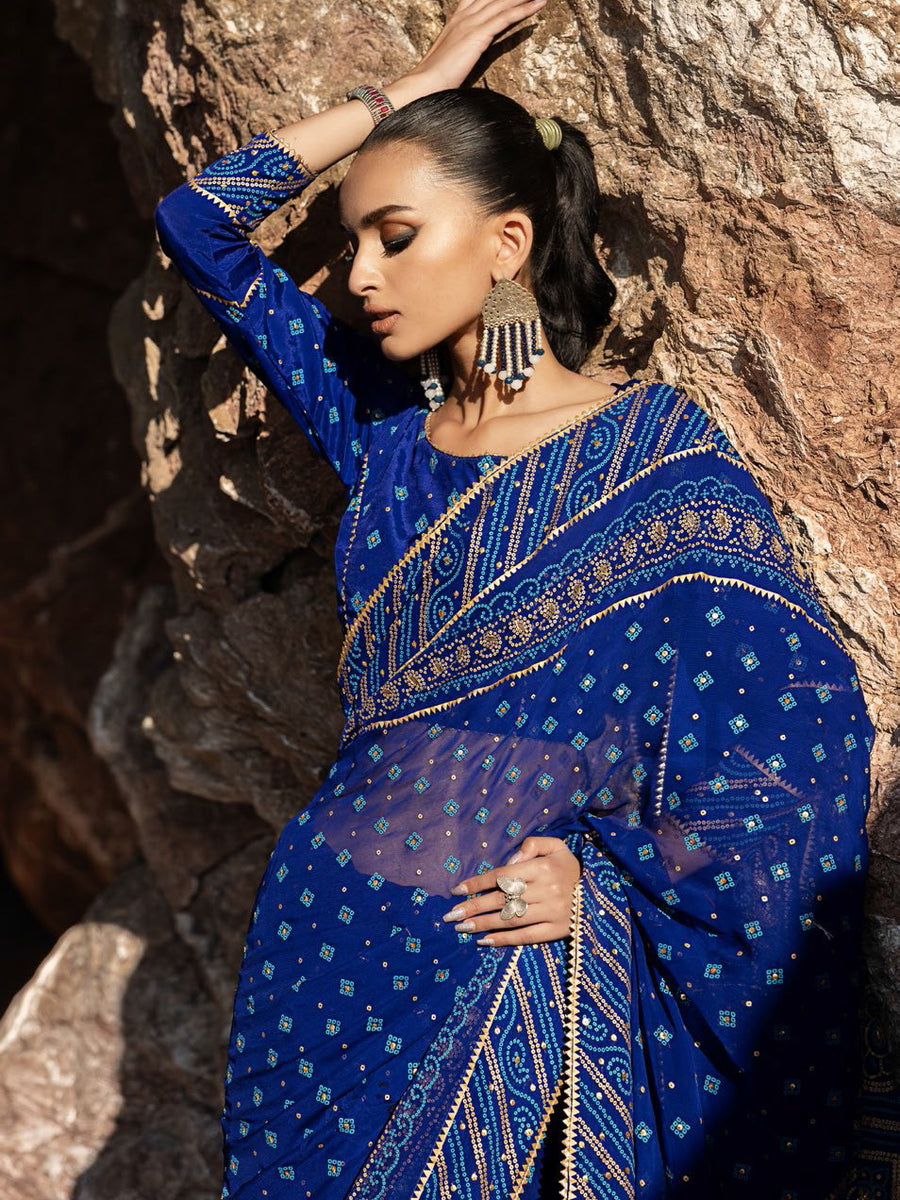 Gul Ahmed Chunri Embroidered Chiffon Unstitched 3Pc Saree PRS-52002B