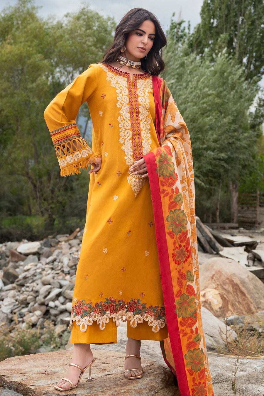 Charizma Poshima Embroidered Peach Leather Unstitched 3Pc Suit PSW6-16