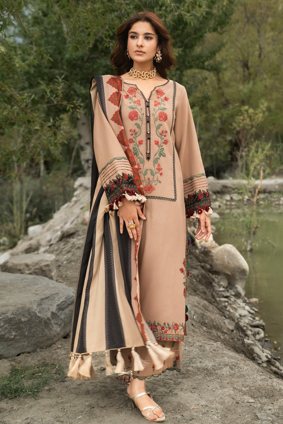 Charizma Poshima Embroidered Peach Leather Unstitched 3Pc Suit PSW6-17