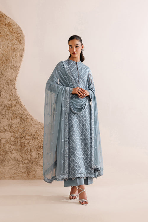 Farasha Luxury Formal Embroidered Chiffon Unstitched 3Pc Suit - Pale Slate