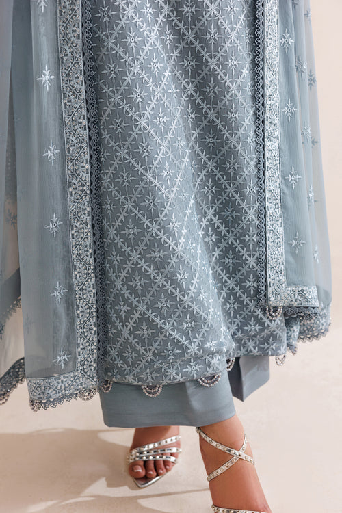 Farasha Luxury Formal Embroidered Chiffon Unstitched 3Pc Suit - Pale Slate