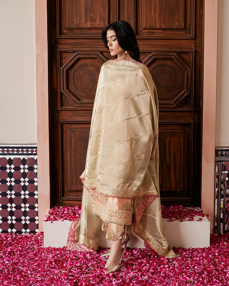 Mushq Sunehri Ramsha Edit Zari Tissue Silk Stitched 3Pc Suit - Parisa