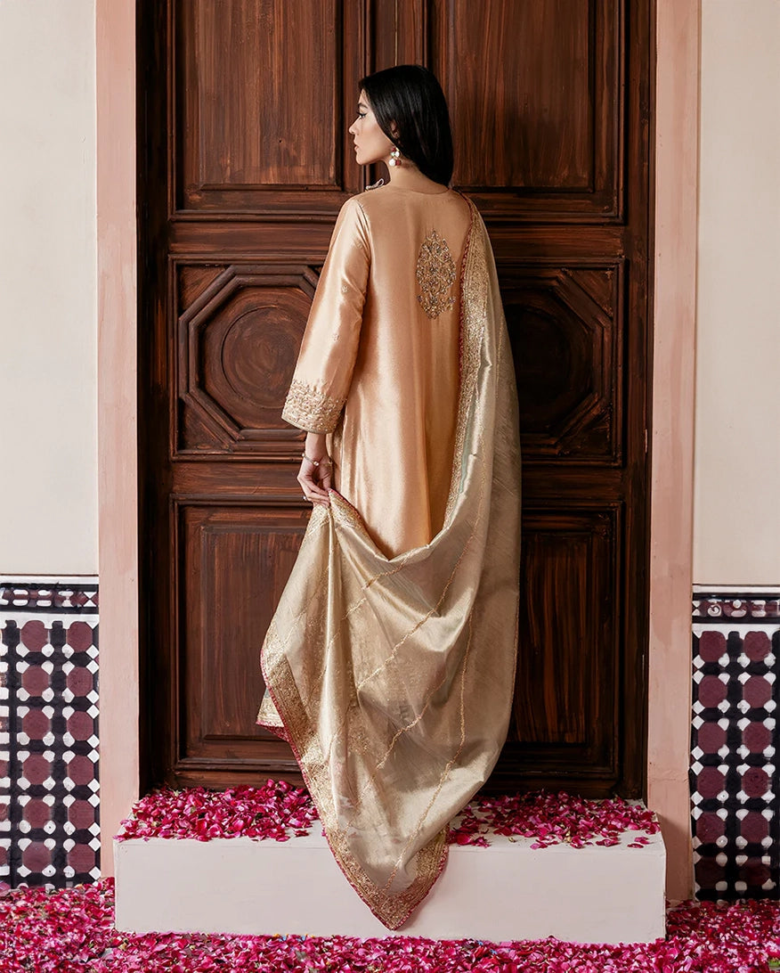 Mushq Sunehri Ramsha Edit Zari Tissue Silk Stitched 3Pc Suit - Parisa