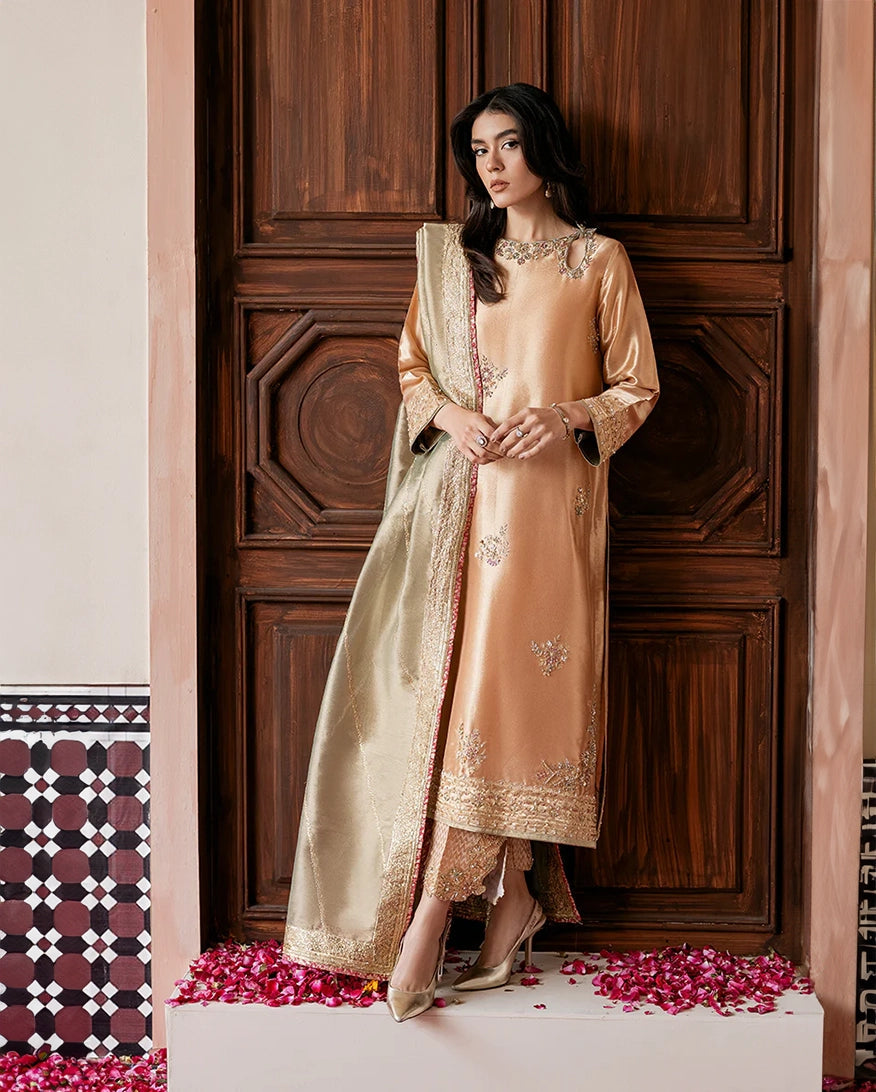Mushq Sunehri Ramsha Edit Zari Tissue Silk Stitched 3Pc Suit - Parisa