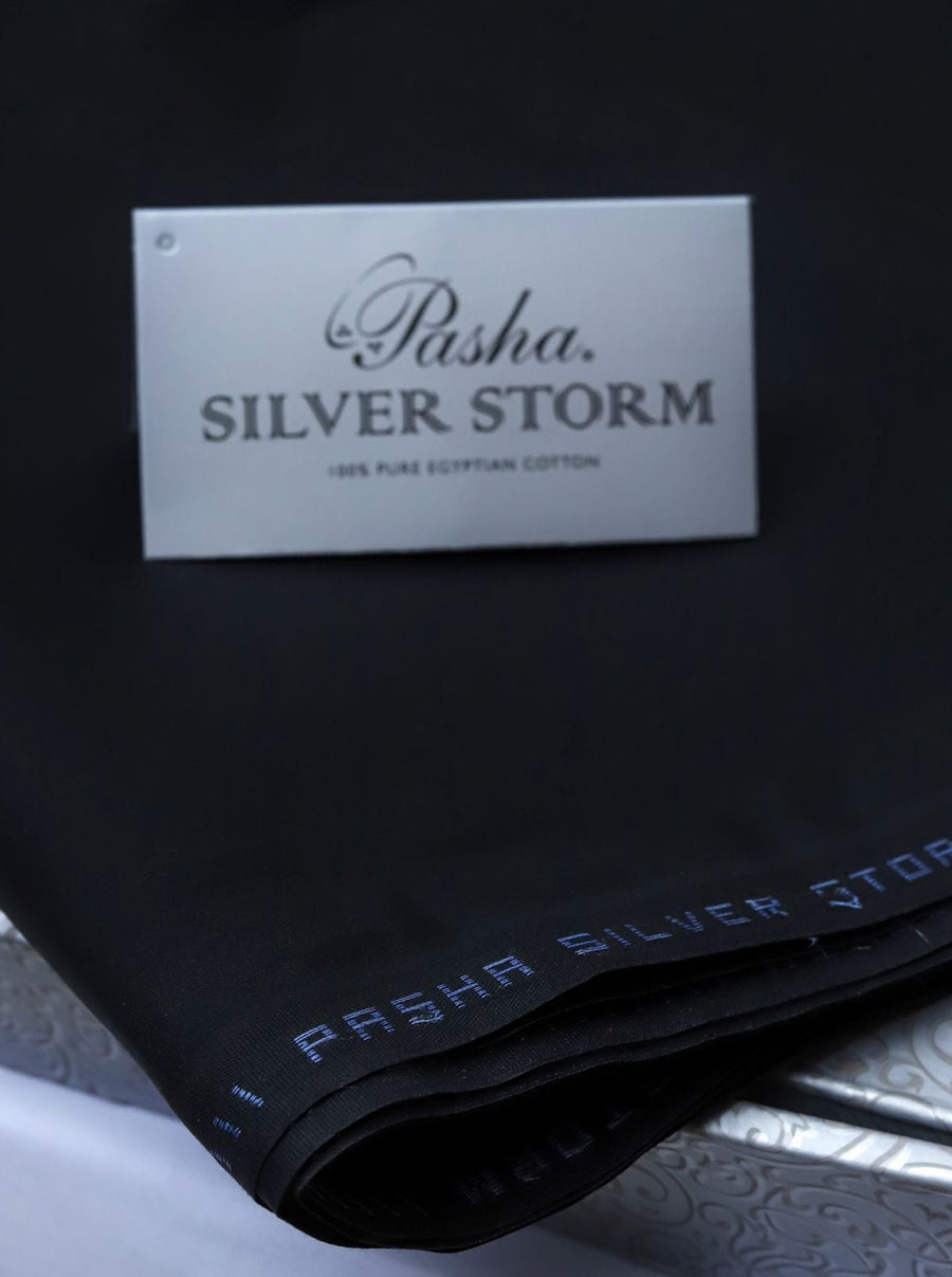PASHA Silver Storm Latha Black Unstitched Suit for Men