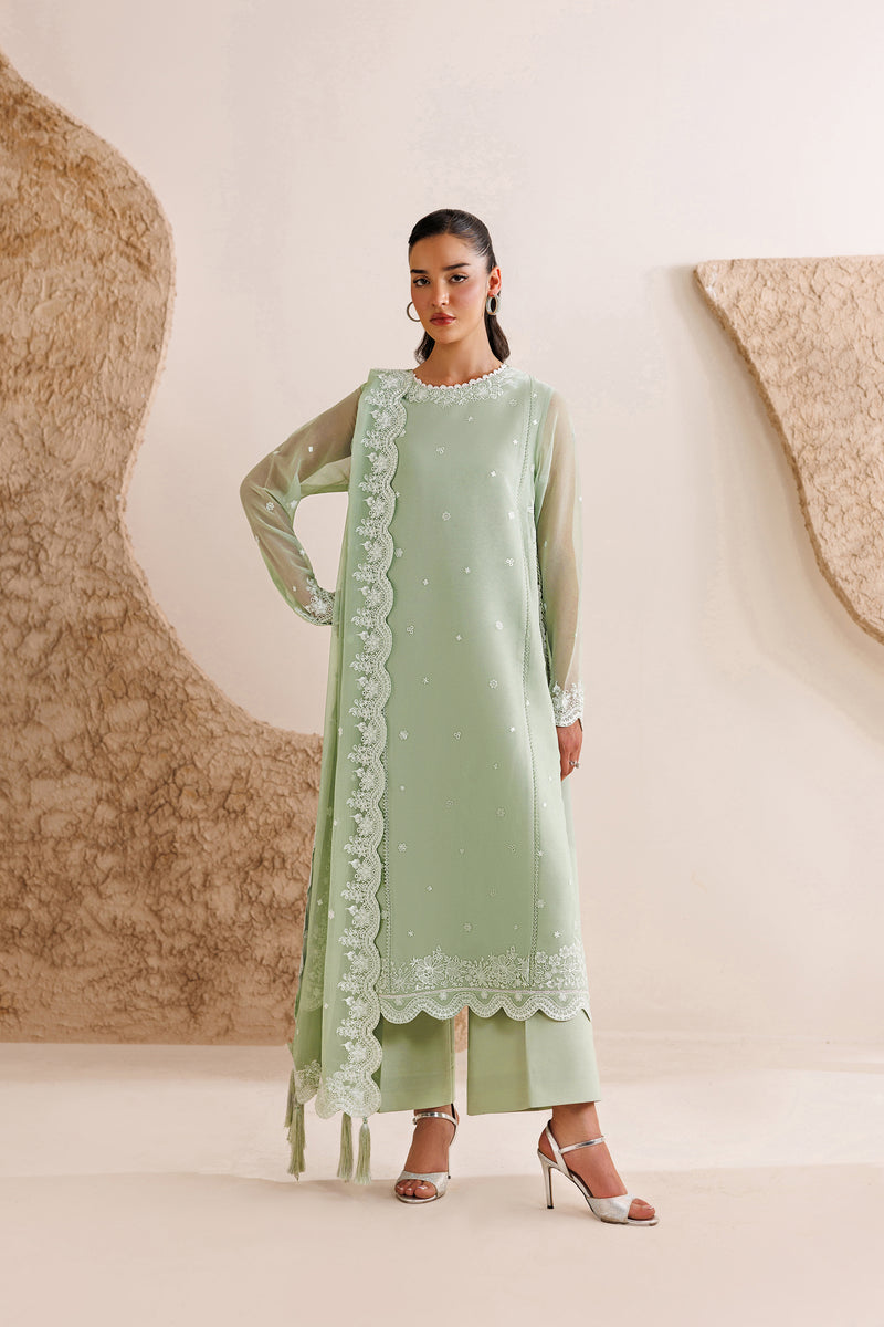 Farasha Luxury Formal Embroidered Chiffon Unstitched 3Pc Suit - Pastel Mint