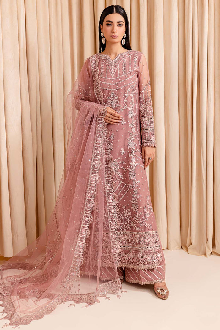 Farasha Luxury Formal Embroidered Net Unstitched 3Pc Suit - Pastel Peach