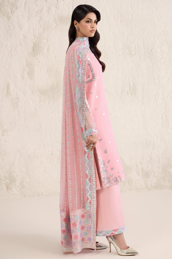 Farasha Embroidered Luxury Chiffon Unstitched 3Pc Suit - Pastel Rose