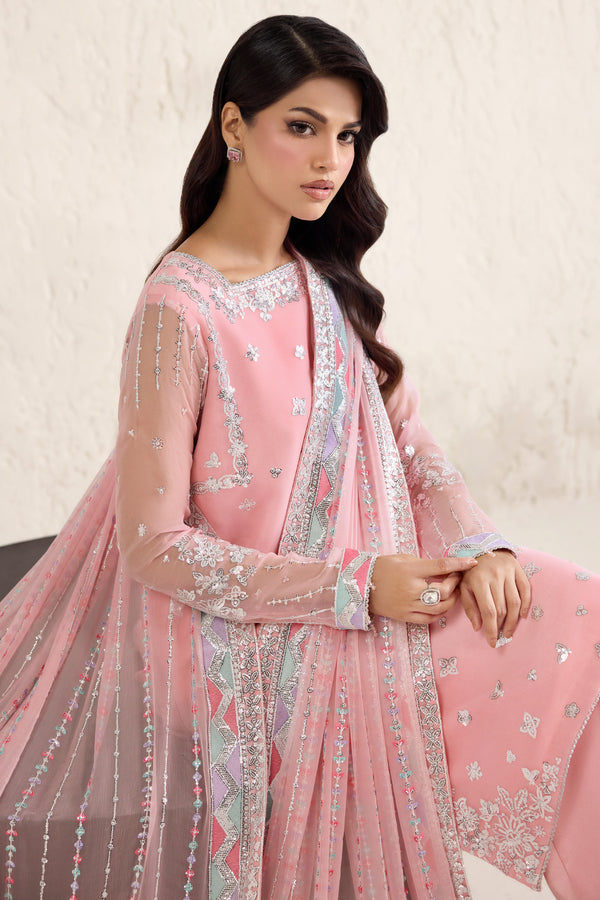 Farasha Embroidered Luxury Chiffon Unstitched 3Pc Suit - Pastel Rose