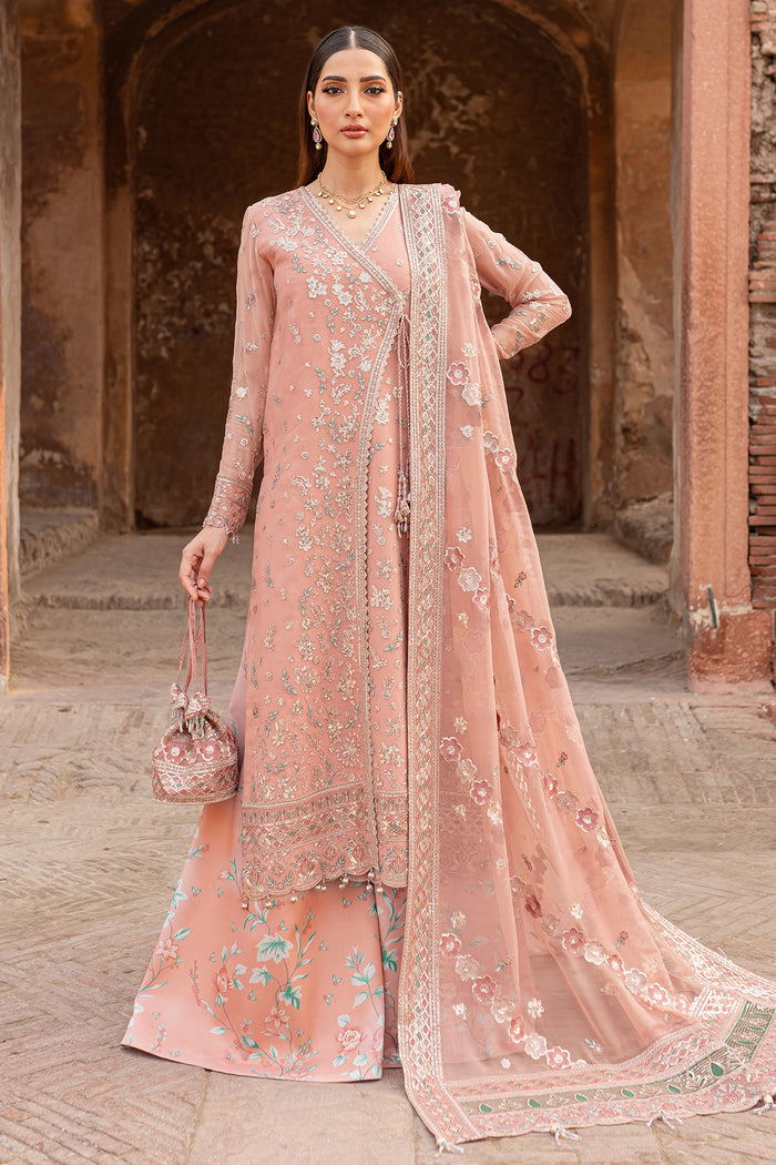 Farasha Ritzier Embroidered Chiffon Unstitched 3Pc Suit - Peach Bell