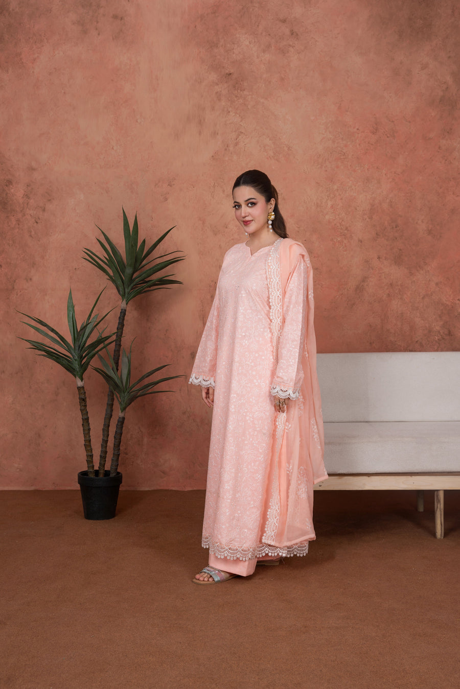 Feathers Premium Embroidered Lawn Unstitched 3Pc Suit - Peach Opaline Heirloom