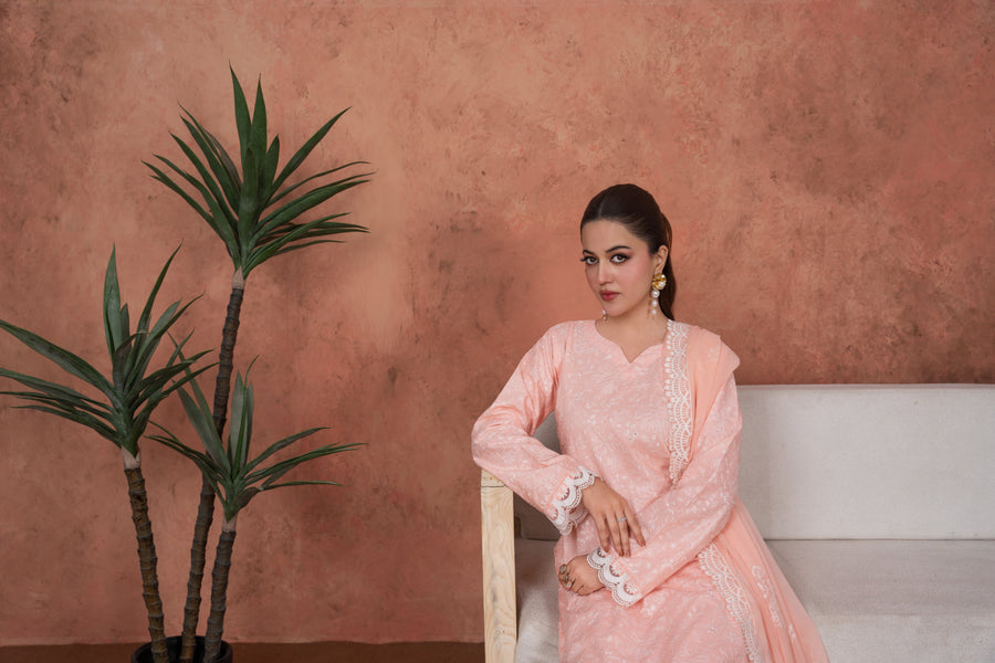 Feathers Premium Embroidered Lawn Unstitched 3Pc Suit - Peach Opaline Heirloom