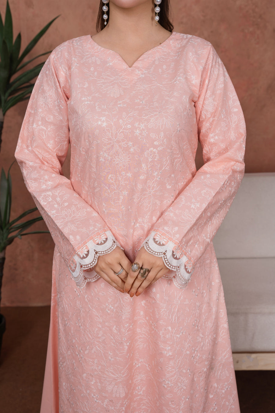 Feathers Premium Embroidered Lawn Unstitched 3Pc Suit - Peach Opaline Heirloom
