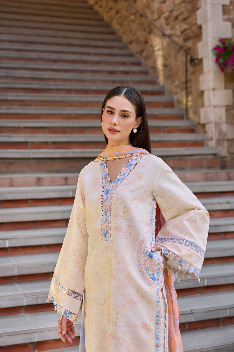 Farasha Sorine Summer Embroidered Lawn Unstitched 3Pc Suit - Peachy Charm