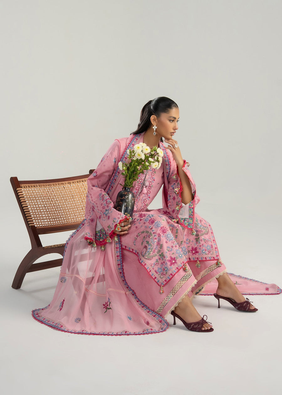 Hussain Rehar ZAN Unstitched Embroidered Lawn 3Pc Suit - Pembe